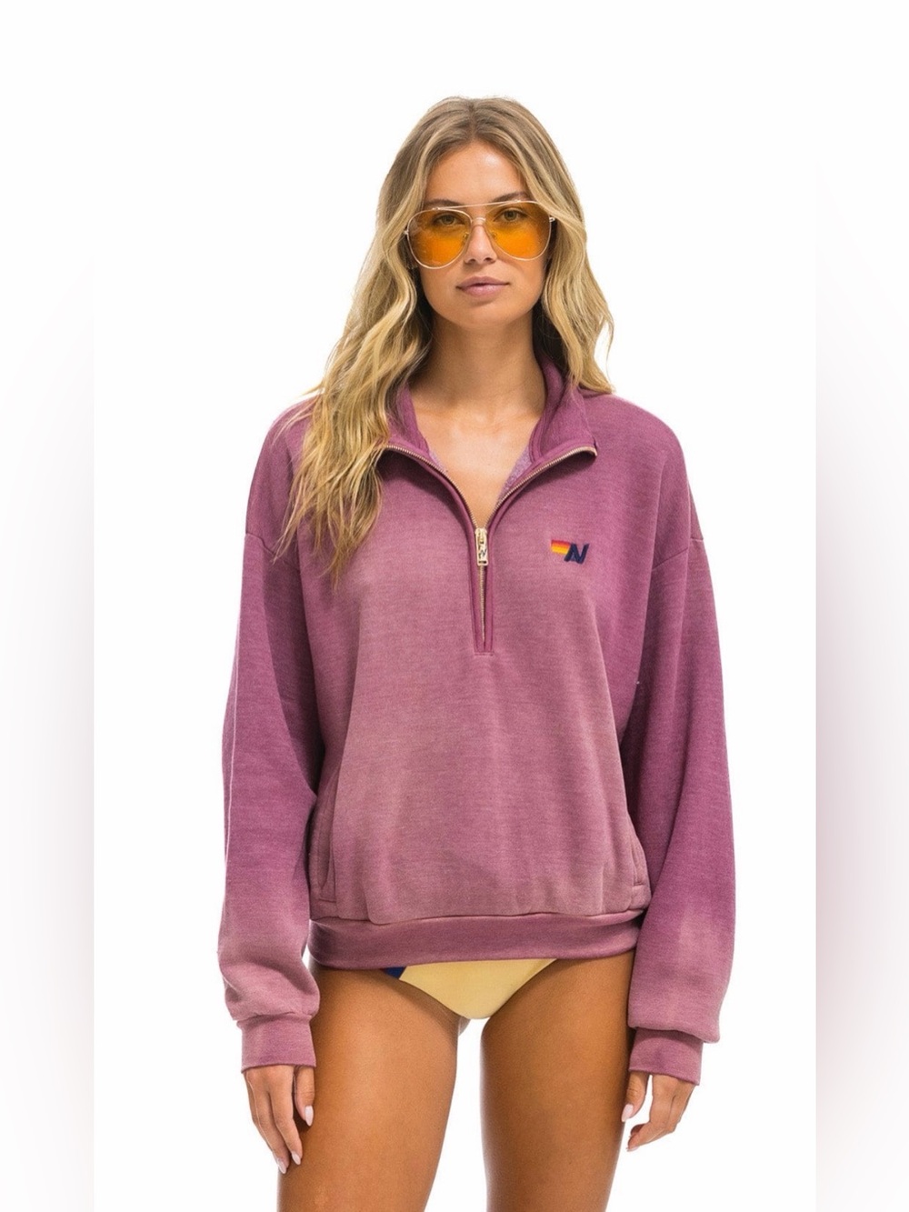 AVIATOR NATION ESSENTIAL HALF ZIP RELAXED SWEATSHIRT - FADED BERRY